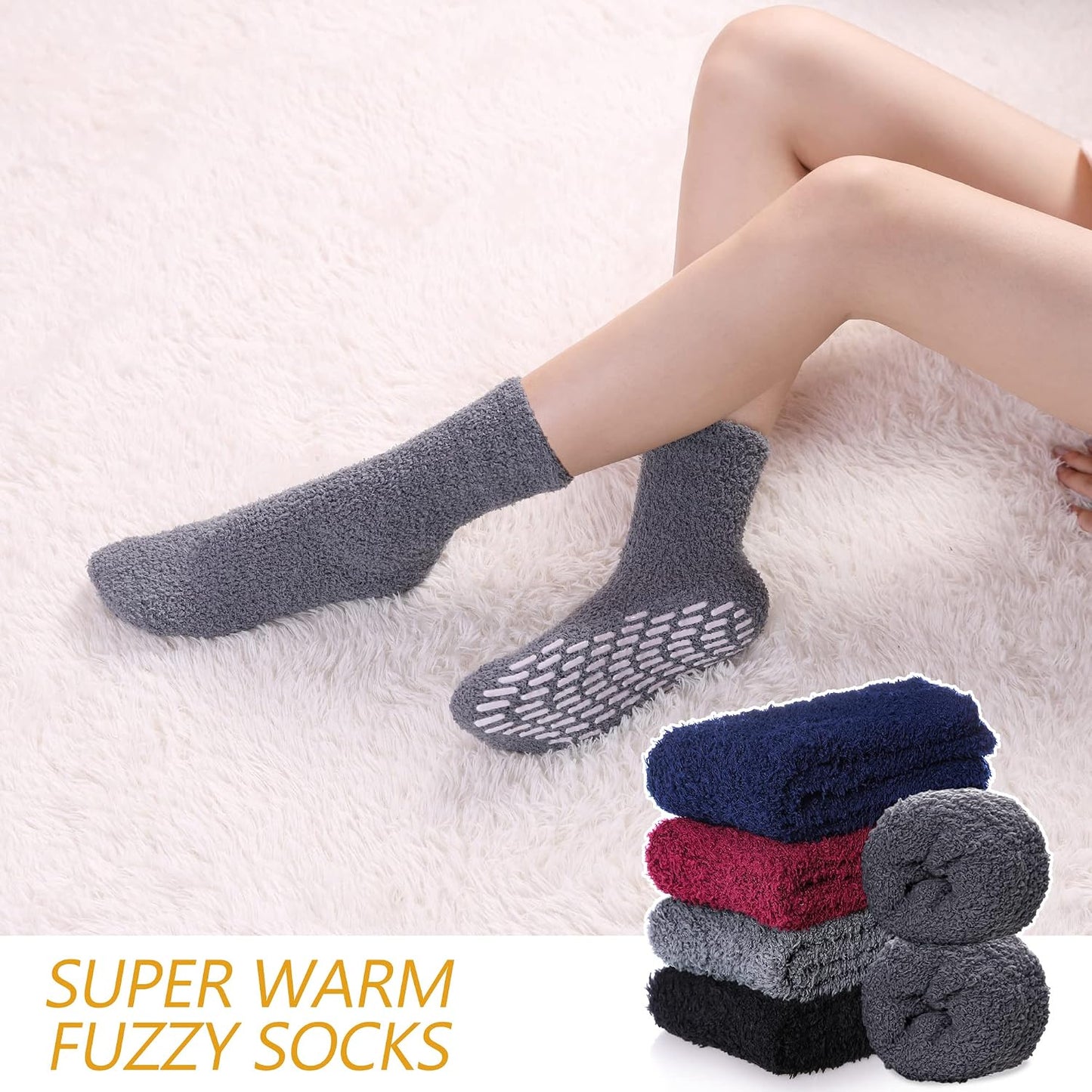 MQELONG Non Slip Hospital Socks with Grips for Women Winter Warm Cozy Fuzzy Slipper Soft Fluffy Sleep Socks