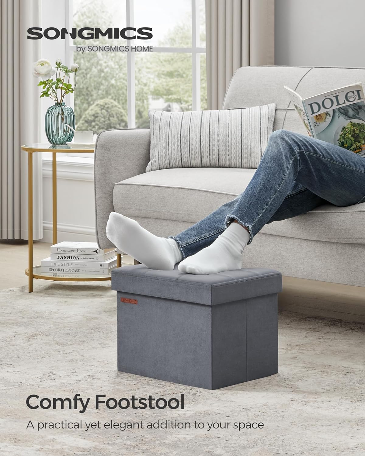 SONGMICS Small Folding Storage Ottoman, Foot Rest Stool, Cube Footrest, Synthetic Leather, 12.2 x 16.1 x 12.2 Inches, 286 lb Capacity, for Living Room, Bedroom, Dorm, Ink Black ULSF100B01
