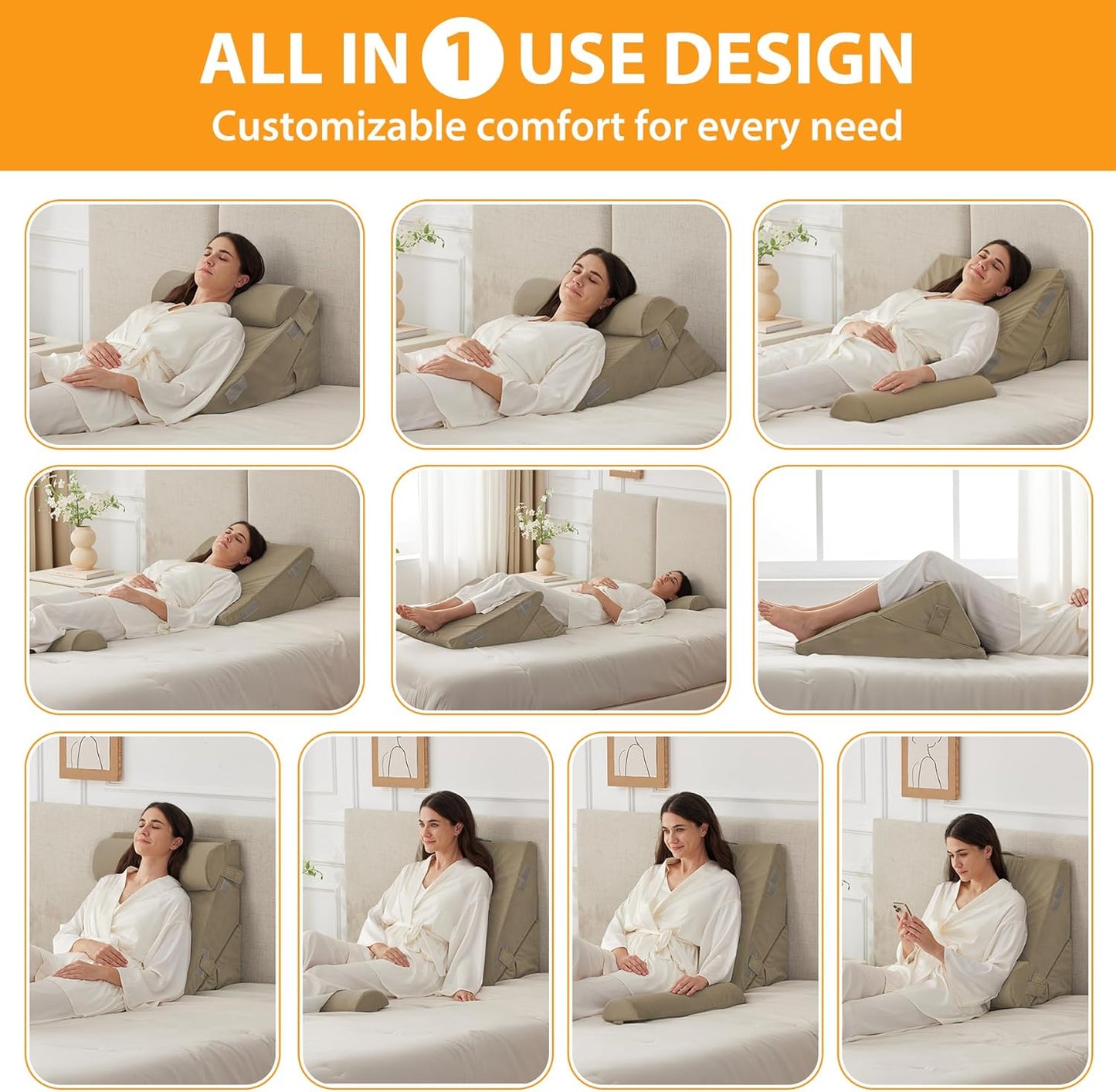 Ruqmuis 3PCS Wedge Pillow Set for After Surgery, Adjustable 9&12 Inch Bed Wedge Pillow for Sleeping, Incline Pillow Wedge for Headboard, Post Surgery, Acid Reflux, Neck&Back Support, White/Grey