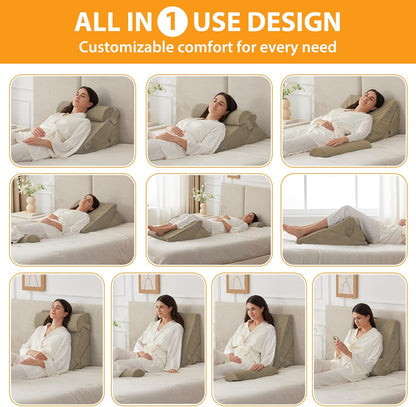 Ruqmuis 3PCS Wedge Pillow Set for After Surgery, Adjustable 9&12 Inch Bed Wedge Pillow for Sleeping, Incline Pillow Wedge for Headboard, Post Surgery, Acid Reflux, Neck&Back Support, White/Grey