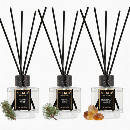 Airkeep Reed Diffuser Set of 3 for Bathroom Air Fresheners, Oil Diffuser Sticks | Cedar Wood,White Pine Moroccan Amber Scent Diffuser(1.7 fl oz*3) Fragrance with 18 Sticks Defusers | Shelf Decor