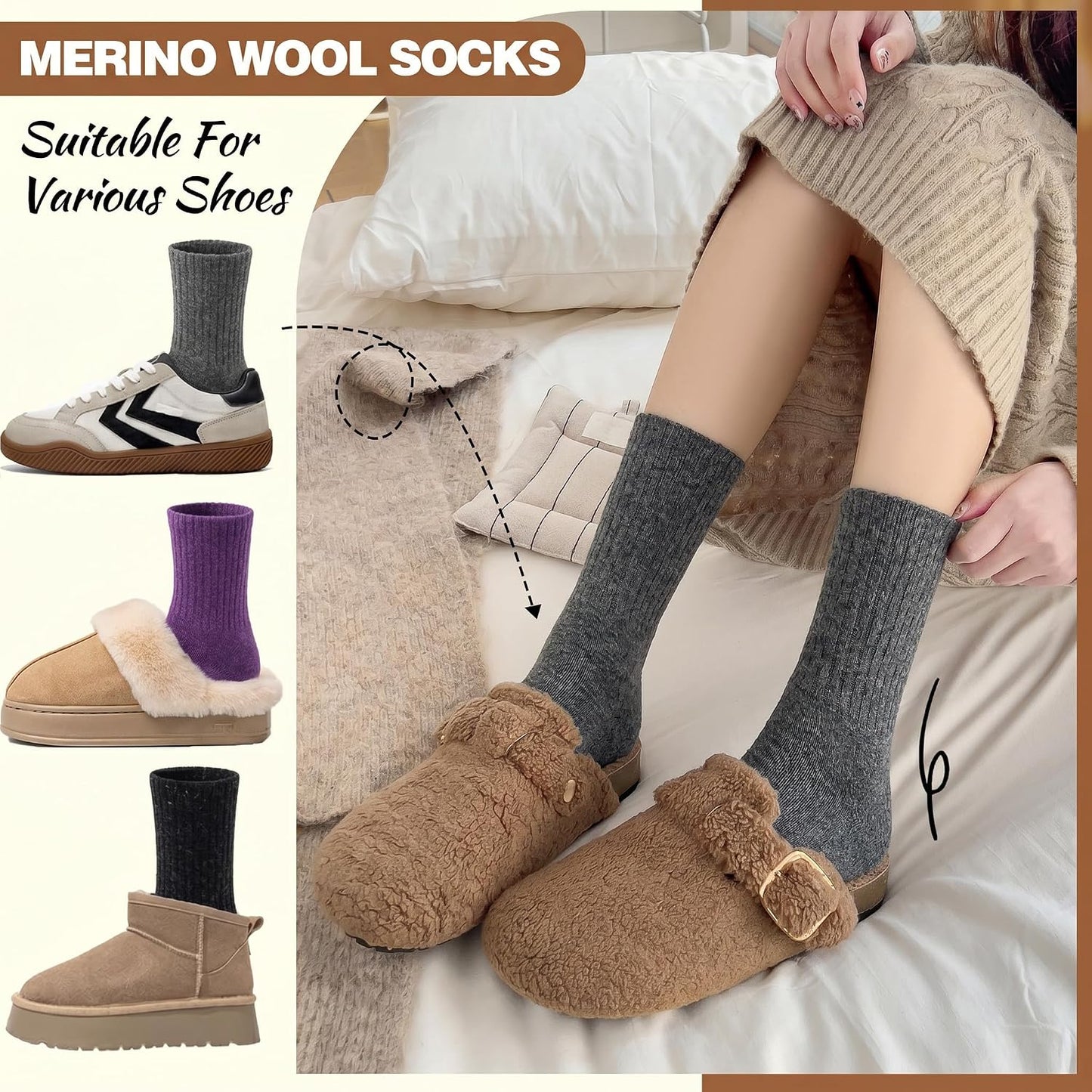 EBMORE 5 Pairs Women Merino Wool Boot Socks Warm Thermal Winter Thick Hiking Cozy Cabin Crew Comfy Socks for Ladies