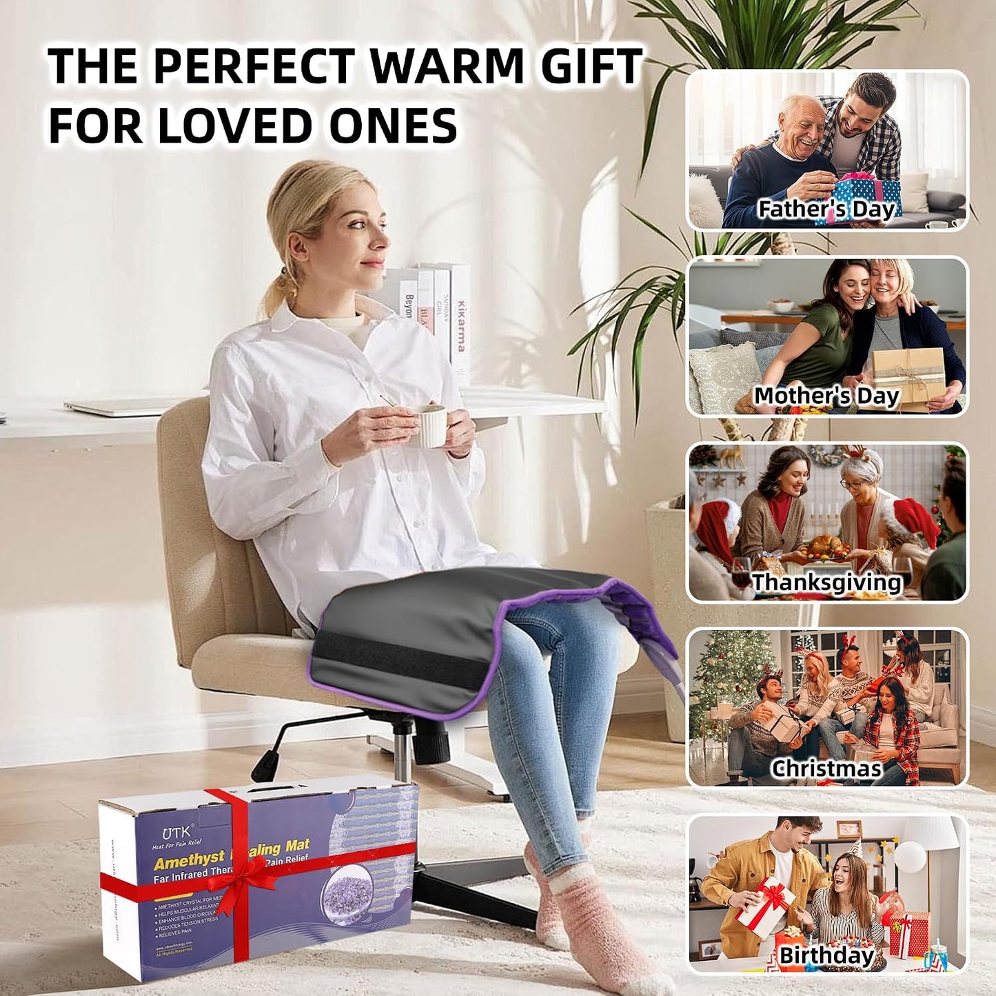 UTK Far Infrared Heating Pads for Back, 5X Pain Relief Amethyst Heating Pad for Sciatica, Waist, Abdomen, Thigh, Hip, Hotter to 159℉, FSA-HSA Eligible, 4H Auto-Off, Gift for Women Men, 24'' x 16''