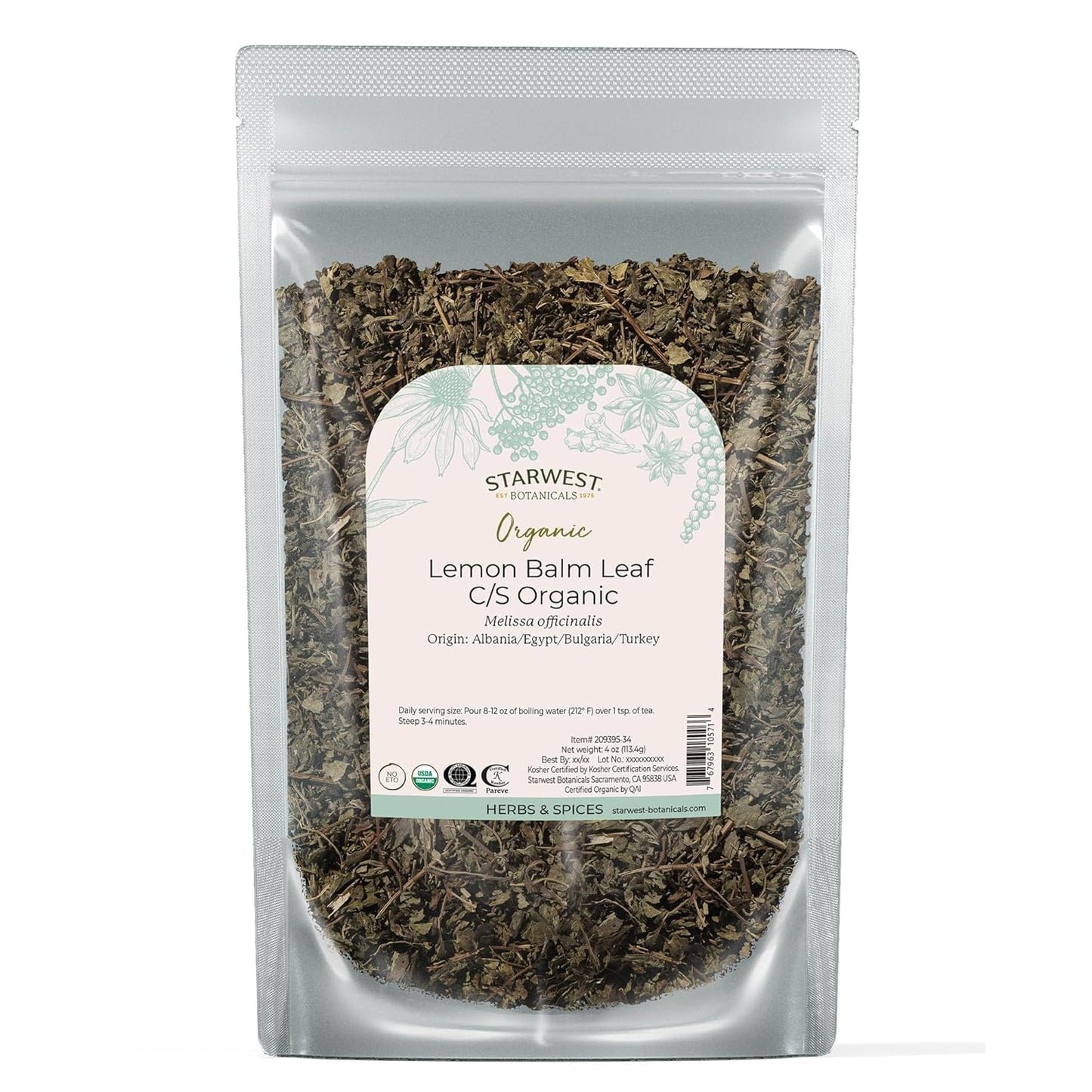 Starwest Botanicals Organic Lemon Balm Leaves - Dried Herb for Tea, Loose Leaf Natural Herb, Cut & Sifted Lemon Balm, Certified Kosher, Non-GMO - 4 oz Bag