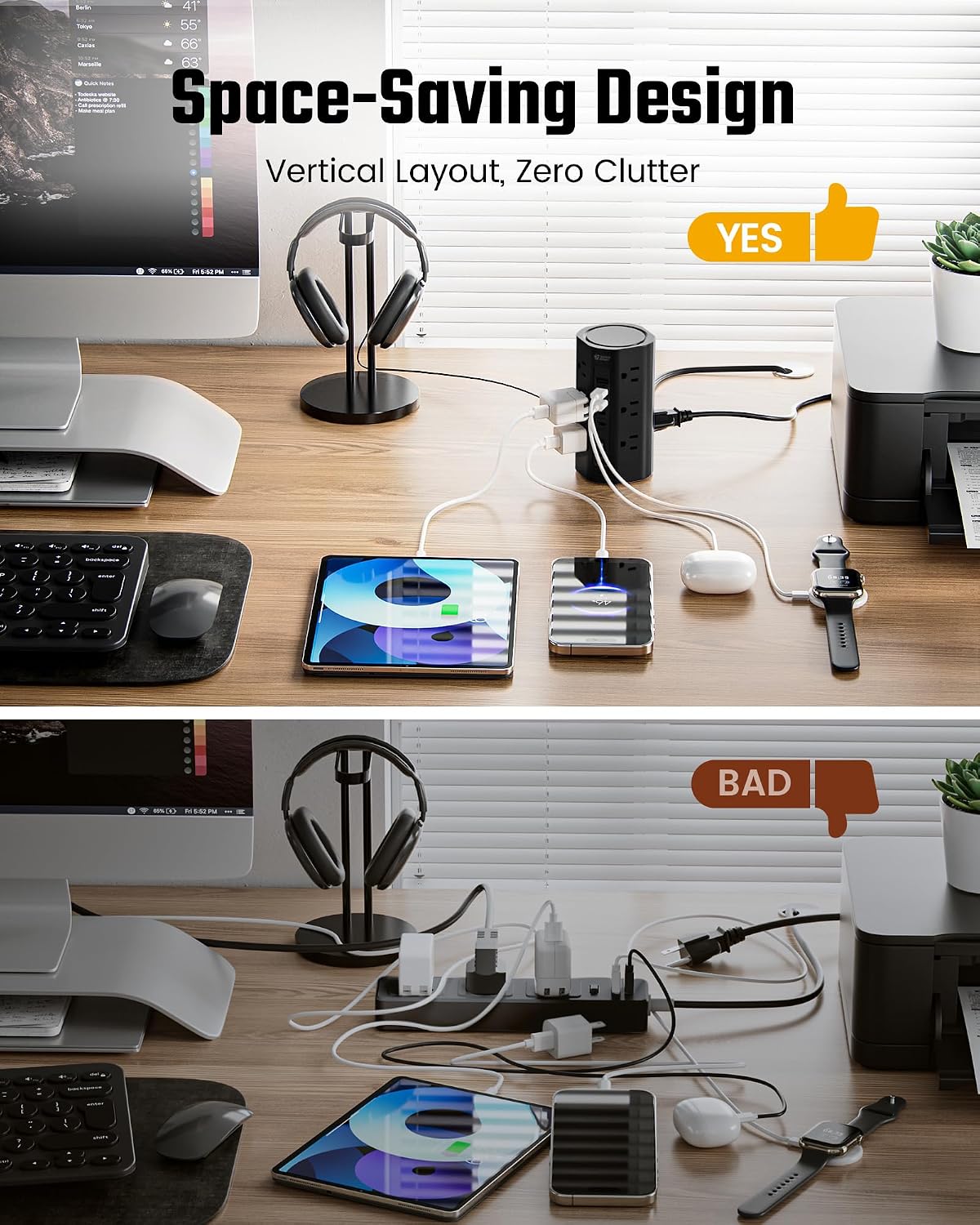 10Ft Tower Power Strip, Long Extension Cord, Flat Plug, 1700J, 12 AC 5 USB