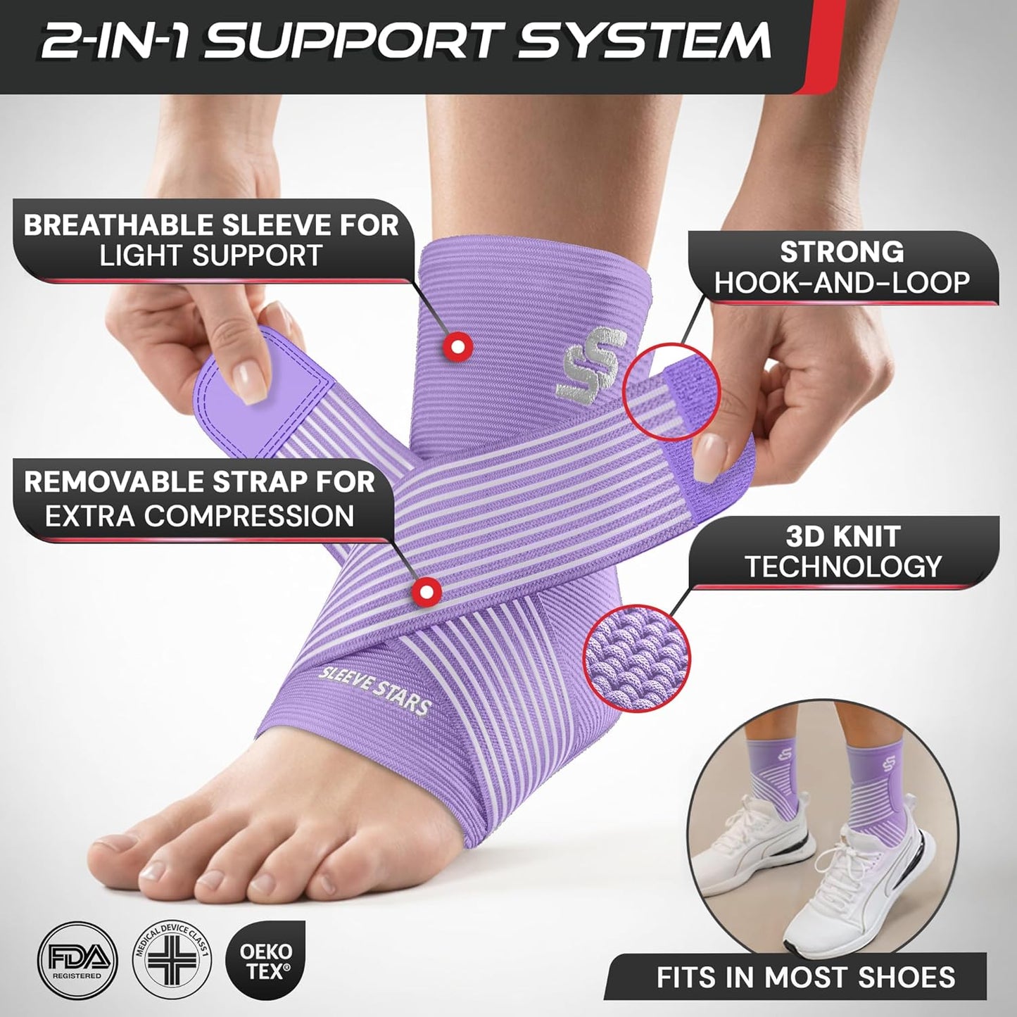 Sleeve Stars Ankle Brace for Women & Men, Ankle Wrap for Sprain, Compression Sleeve for Plantar Fasciitis Relief, Easy Customizable Support: w/ Removable Strap (Single/M:10"-12"/Black)