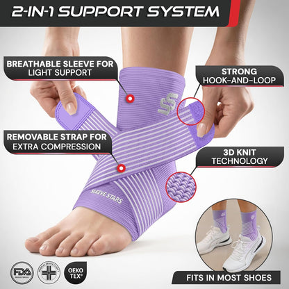 Sleeve Stars Ankle Brace for Women & Men, Ankle Wrap for Sprain, Compression Sleeve for Plantar Fasciitis Relief, Easy Customizable Support: w/ Removable Strap (Single/M:10"-12"/Black)