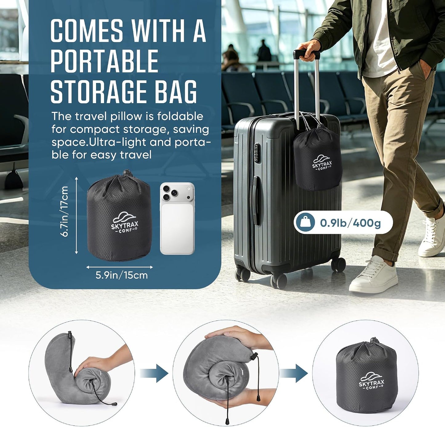 SkytraxComf® Travel Neck Pillow with Hood for Privacy on Long Flights | Memory Foam | Airplane Sleep | Safety-Tested Materials | Extra Large Hood | Chin Support | Earplugs | Washable Cover