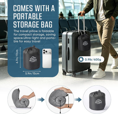SkytraxComf® Travel Neck Pillow with Hood for Privacy on Long Flights | Memory Foam | Airplane Sleep | Safety-Tested Materials | Extra Large Hood | Chin Support | Earplugs | Washable Cover