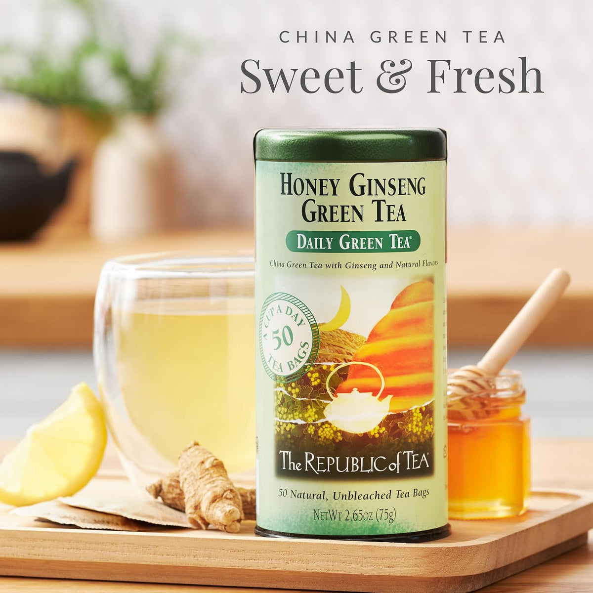 The Republic of Tea Daily Green Honey Ginseng Green Tea, 50 Count