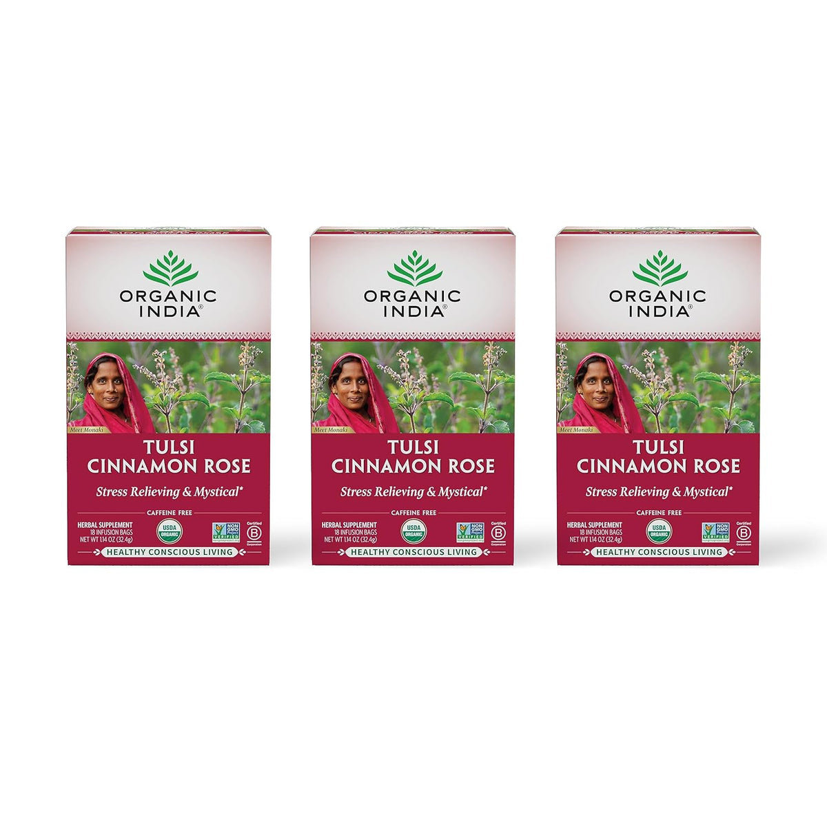 ORGANIC INDIA Tulsi Cinnamon Rose Tea Bags, 18 Infusion Bags, 3 Pack