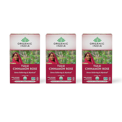 ORGANIC INDIA Tulsi Cinnamon Rose Tea Bags, 18 Infusion Bags, 3 Pack
