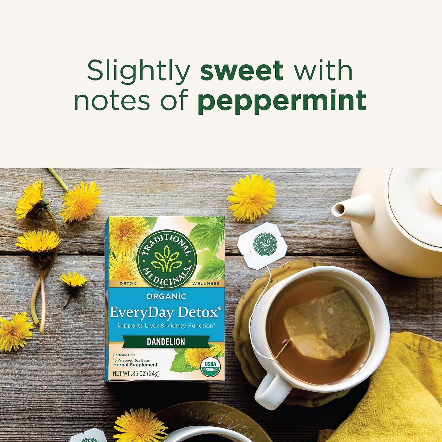 Traditional Medicinals Tea, Organic Roasted Dandelion Root, Supports Kidney Function & Healthy Digestion, 96 Tea Bags (6 Pack)