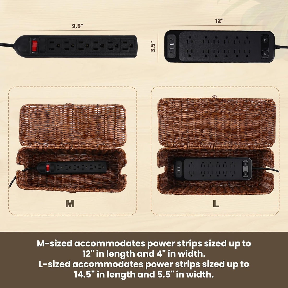 Cable Management Box, Cord Organizer with Lid & Cable Ties - Brown, L