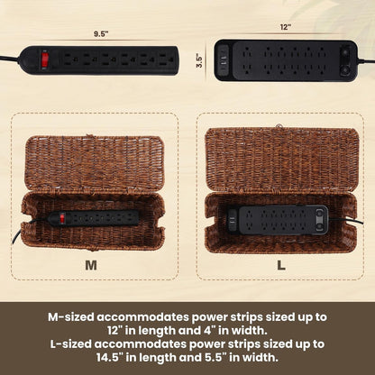 Cable Management Box, Cord Organizer with Lid & Cable Ties - Brown, L