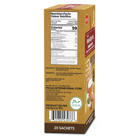 Pocas Honey Ginger Instant Tea Powder, Cinnamon Flavor, Ginger Extract & Real Honey, Caffeine-Free Tea, 20 Packets