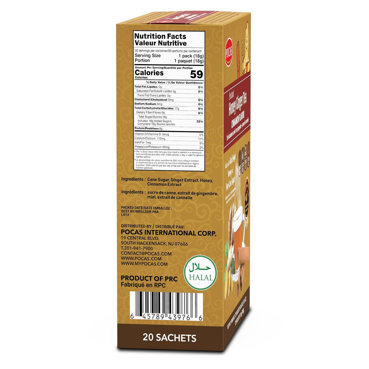 Pocas Honey Ginger Tea - Instant Tea Powder Packets with Lemon & Ginger Honey Crystals, 20 Count (Pack of 2)