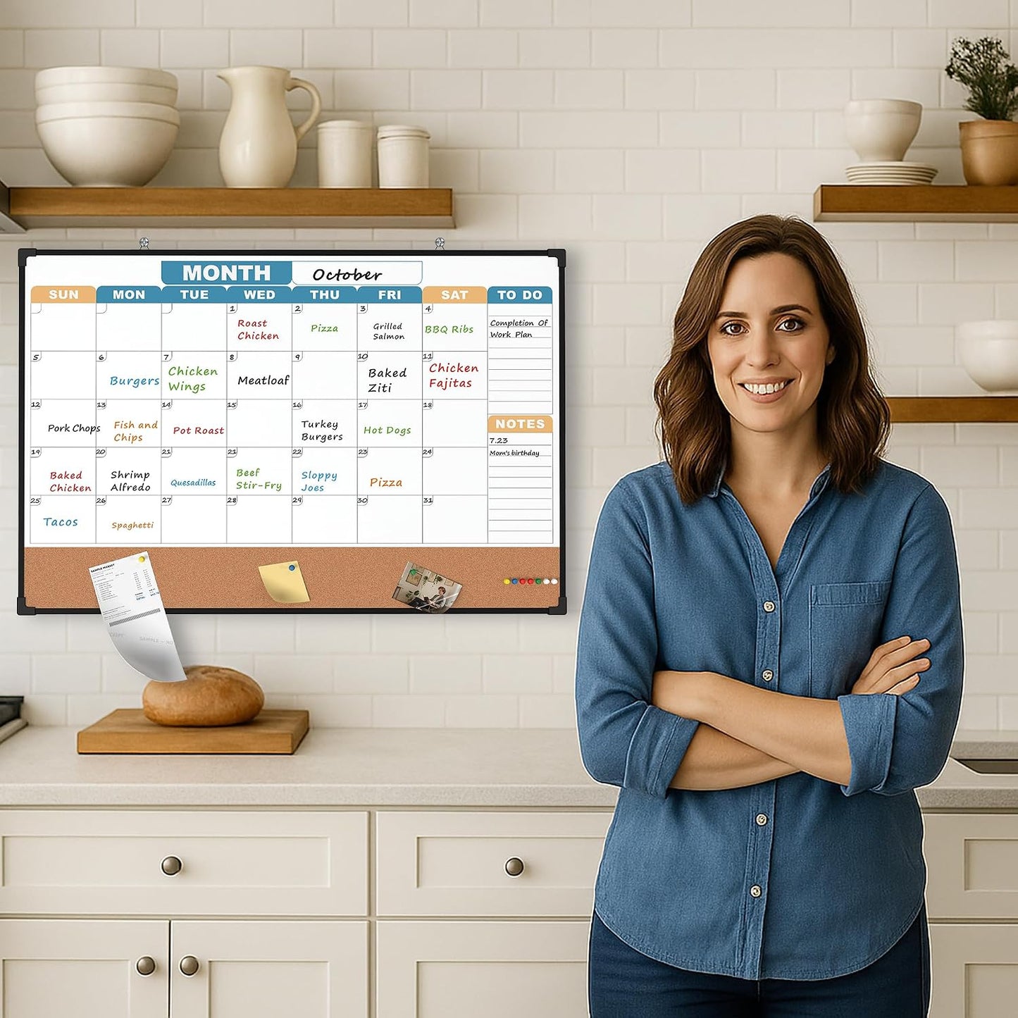 Monthly Calendar Dry Erase Board 16x12 Inch, Double-Sided Whiteboard and Corkboard Combo, Wall Mounted Planner Organizer with Markers, Magnets, Push Pins, Eraser, for Home Office School