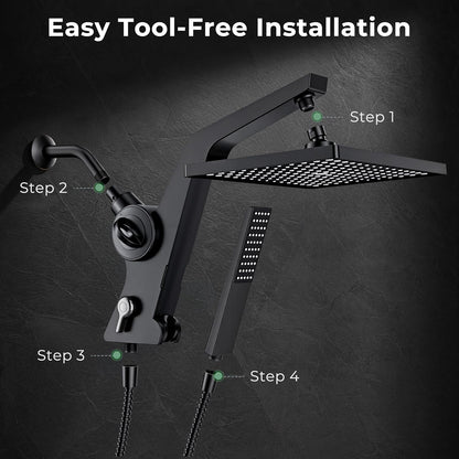 MakeFit Filtered Rain Shower Head with Handheld Combo High Pressure 12'' Rainfall Shower Heads & Hidden Detachable Wand Dual Showerhead Water Softener for Hard Water Easy Filter Replacement