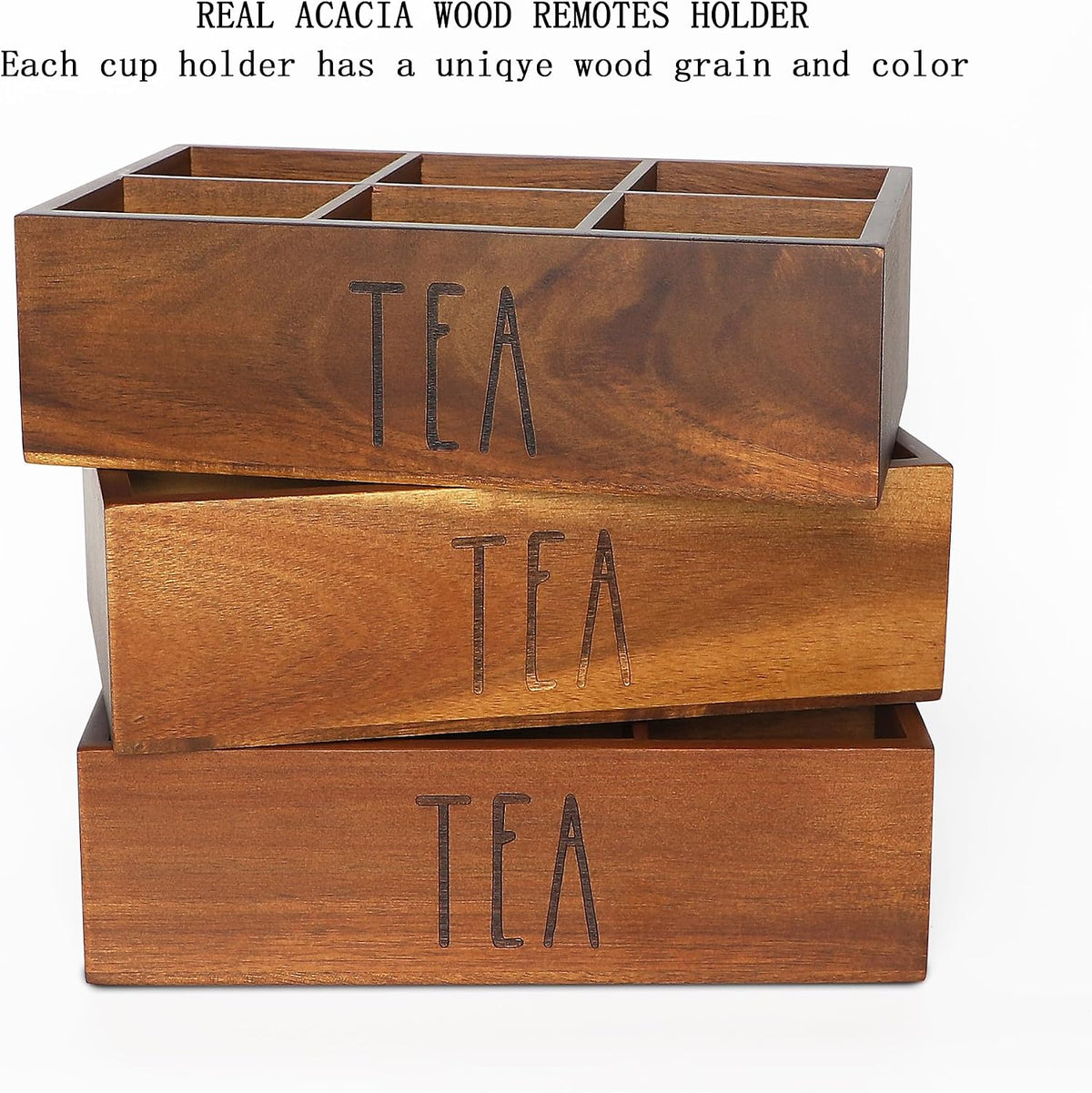 LBEMEY Tea Bag Organizer, Wood Tea Storage Containers with 6 Compartments, Sugar Packet Holder,Tea Bag Caddy Box for Cabinet Countertop Office (Brown-Labeled "Tea")