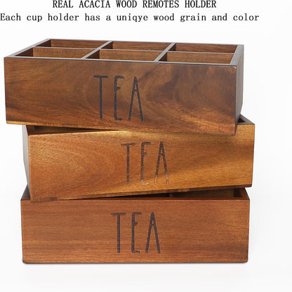 LBEMEY Tea Bag Organizer, Wood Tea Storage Containers with 6 Compartments, Sugar Packet Holder,Tea Bag Caddy Box for Cabinet Countertop Office (Brown-Labeled "Tea")