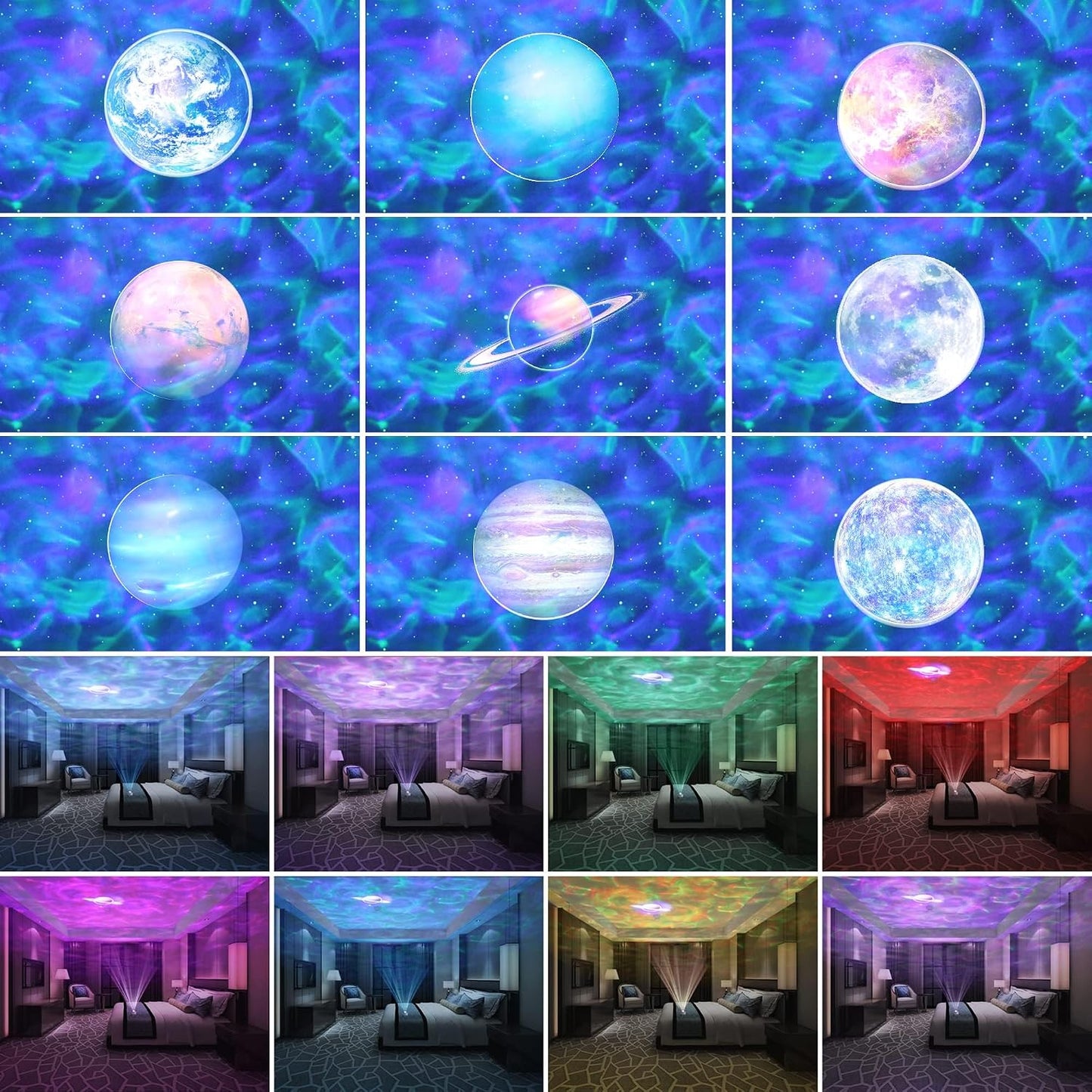 Lumoonosity Ocean Wave Projector – Water Light Projector for Bedroom, Kids Room Decor – Ocean Galaxy Night Light with Speaker - Starry Light with 9 Planet, Star, Water Wave Effect