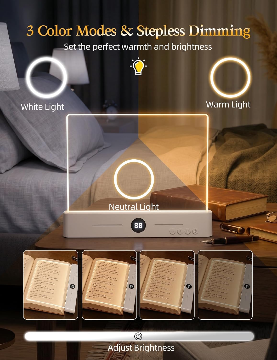 Book Page Light for Reading at Night, Flat Book Light with 3 Colors, Stepless Dimming, 1-99 Min Timer, 1200mAh Rechargeable Page Lamp with 8 Magnetic Bookmarks for Bedside Reading, Travel, Book Lovers