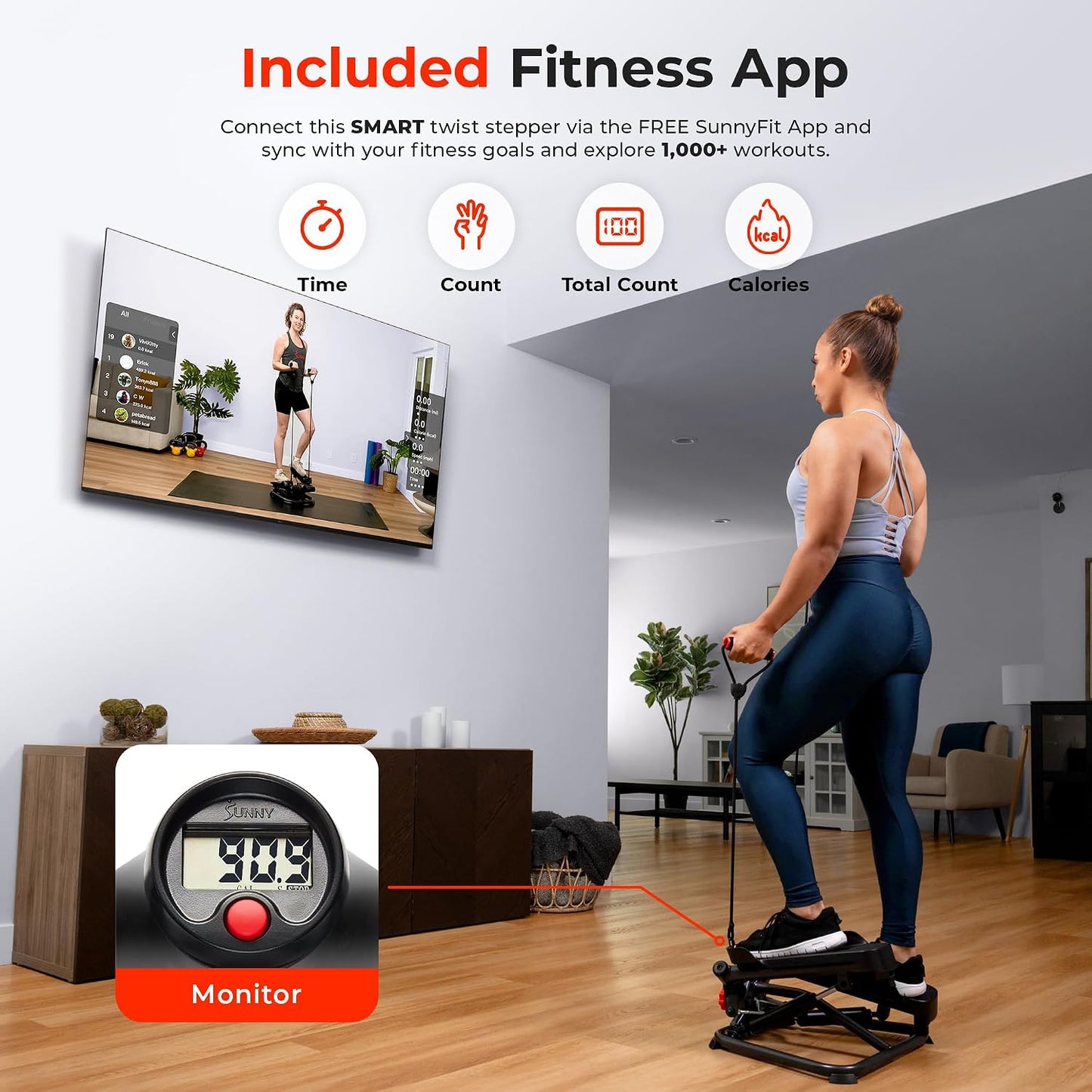 Sunny Health & Fitness Twist Steppers with Resistance Bands, Compact Mini Stair Step Machines for Low-Impact Home Cardio Workouts