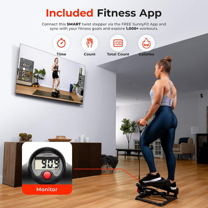 Sunny Health & Fitness Twist Steppers with Resistance Bands, Compact Mini Stair Step Machines for Low-Impact Home Cardio Workouts