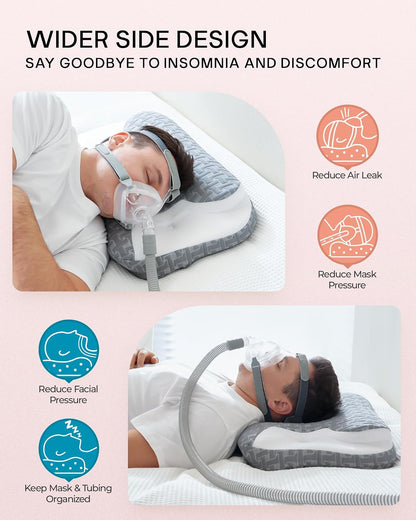 Elviros CPAP Pillow for Side Sleeping, Sleep Apnea Memory Foam Pillow for All CPAP Masks Users to Reduce Air Leaks & Masks Pressure, Adjustable Height with Cooling Breathable Cover (Grey)