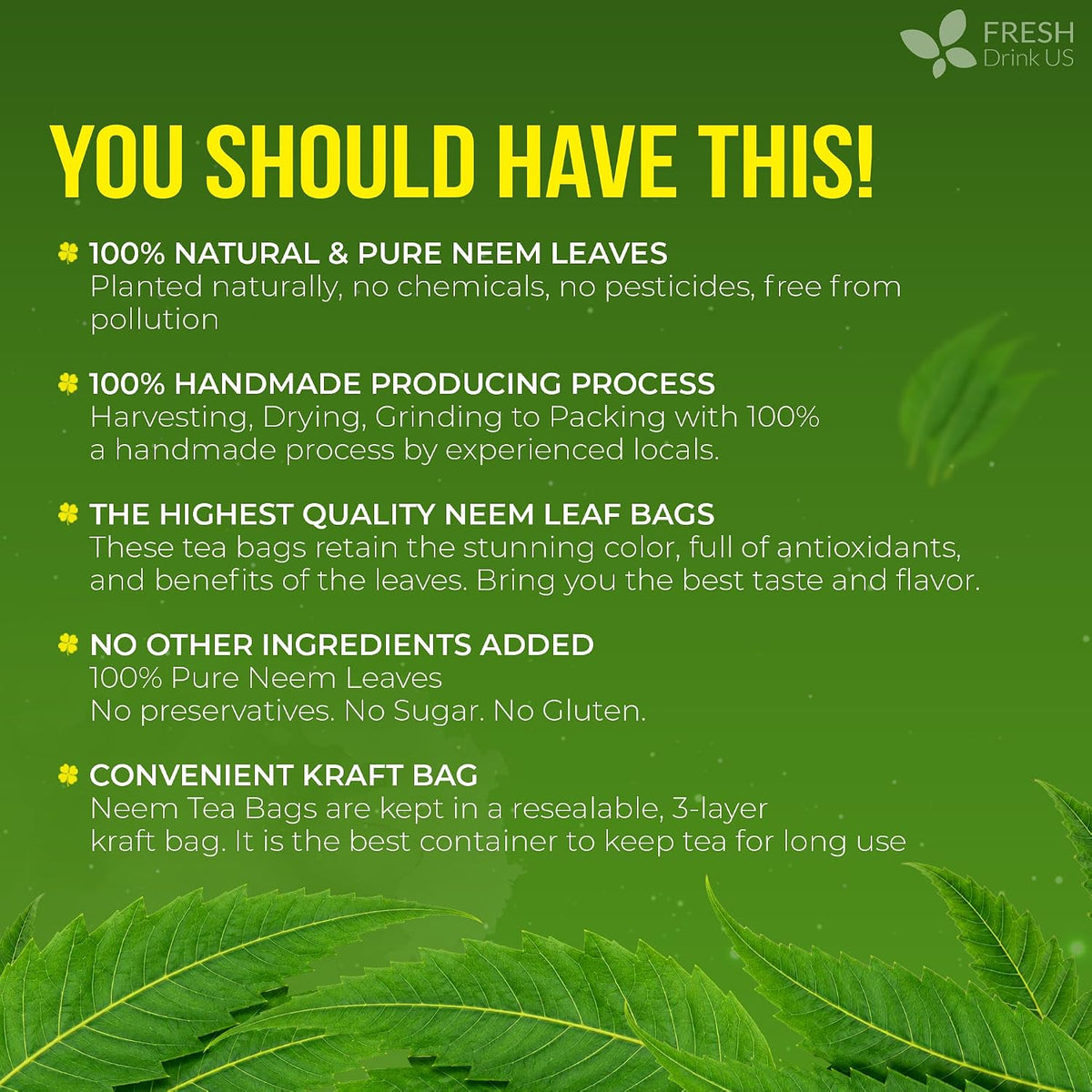 FreshDrinkUS, Premium Neem Leaf Tea Bags, 33 Count, Pure, Caffeine Free