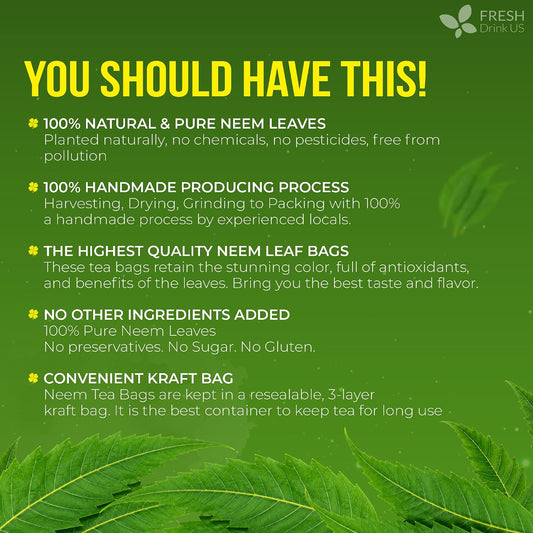 FreshDrinkUS, Premium Neem Leaf Tea Bags, 33 Count, Pure, Caffeine Free