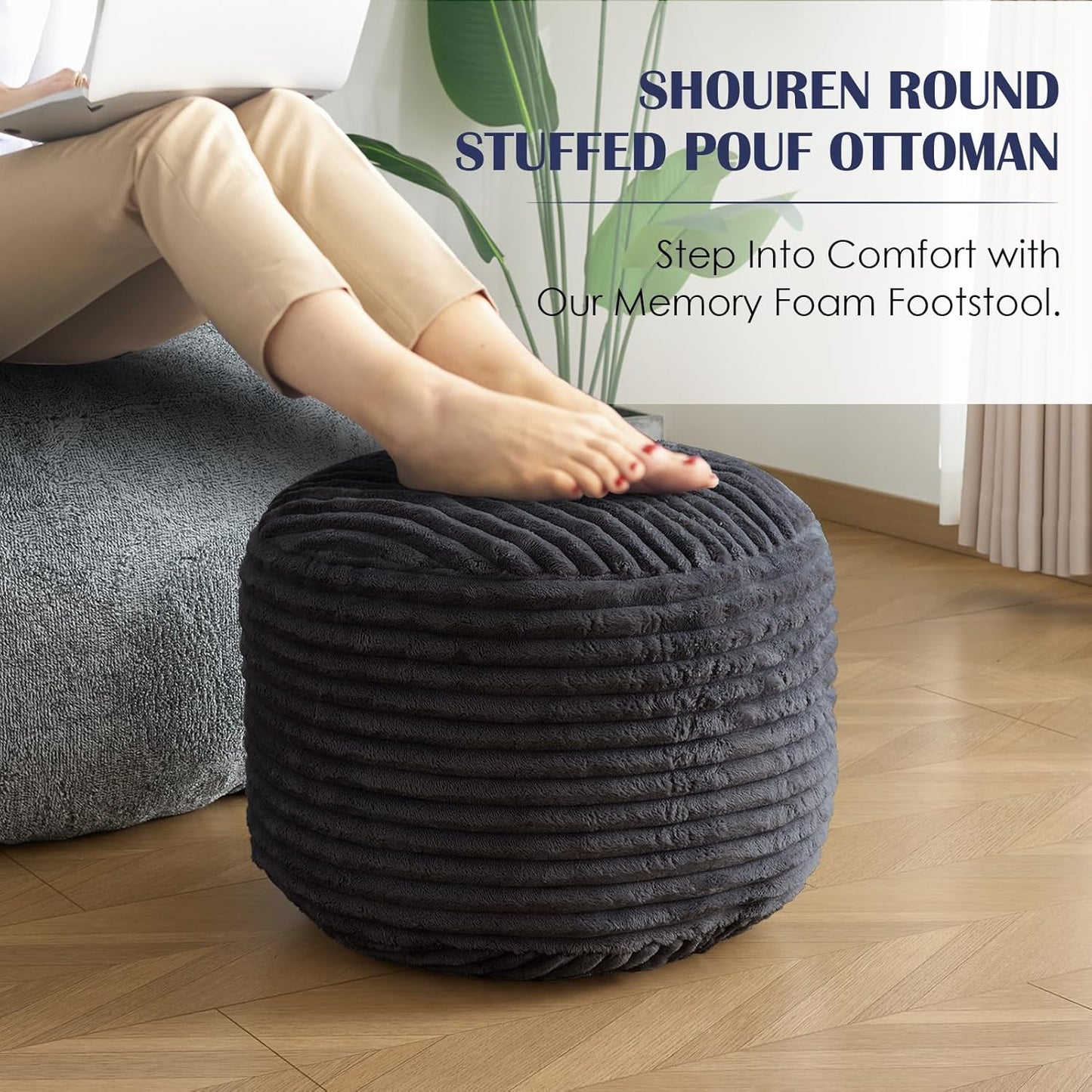 SHOUREN Stuffed Round Ottoman,Corduroy Pouf Ottoman Foot Rest with Foam Filling,Pouf Storage Ottoman Footstool for Living Room,20 X 15 Floor Poufs for Couch,Footrest Only - 20 X 15 Inches,Beige