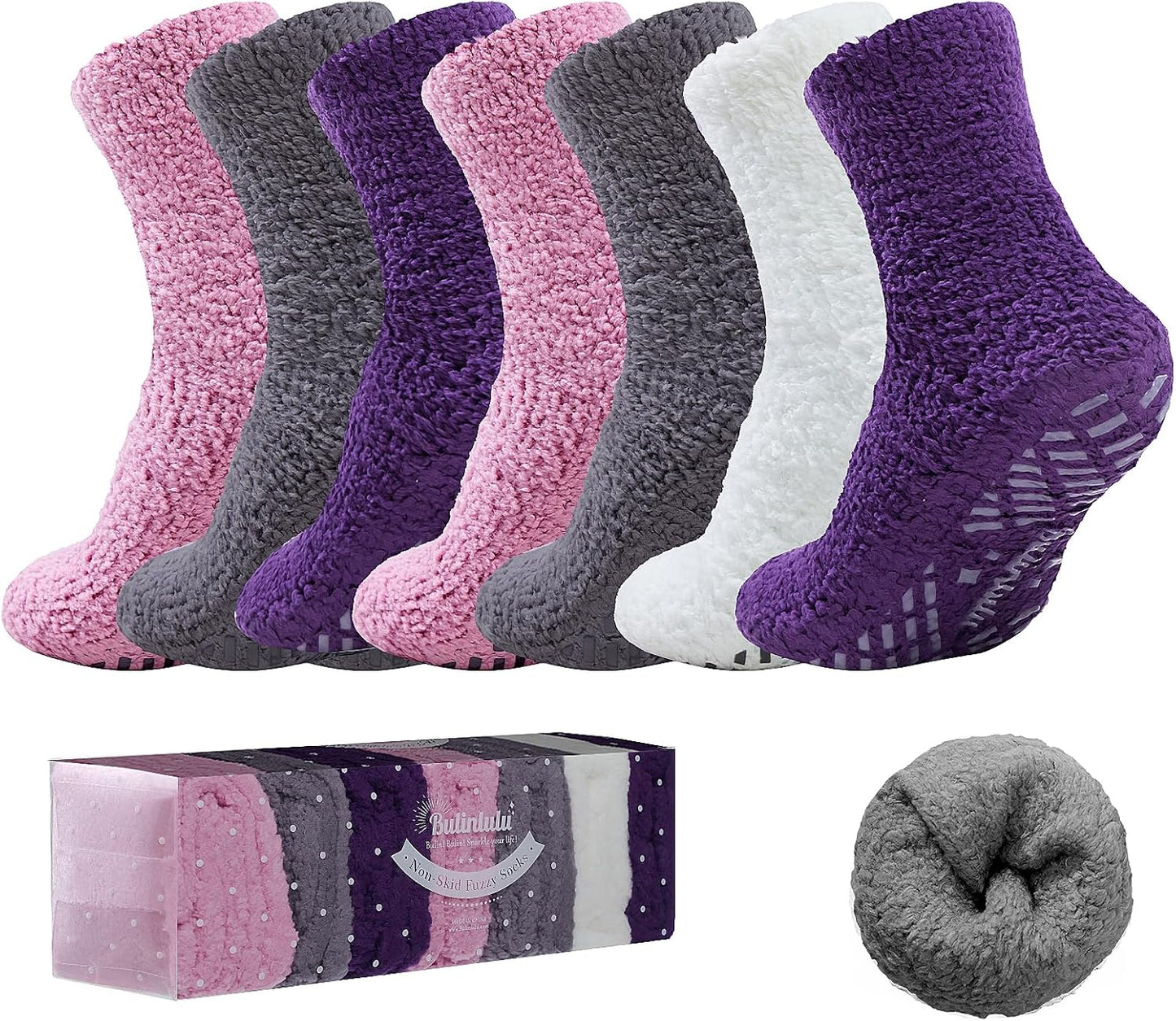 Bulinlulu Fuzzy Socks with Grips Plush Sleep Cozy Winter Soft Hospital Fluffy Socks for Womens Mens Gifts