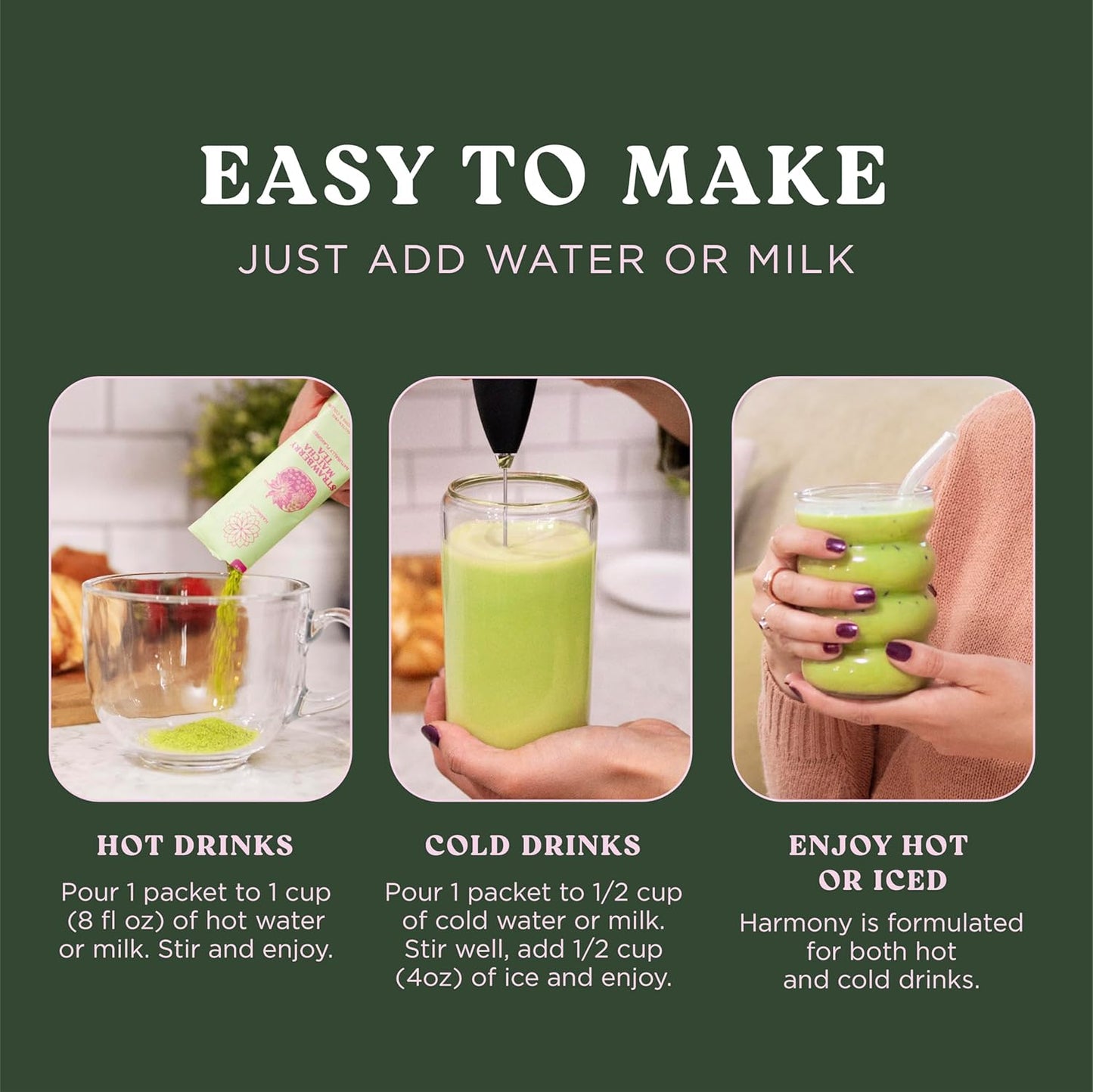 The Harmony Matcha Vanilla (10 Sticks) Premium Sweetened Japanese Matcha Powder, Rich in Antioxidants & L-Theanine, Dairy, Gluten, & Preservative Free, Serve Hot or Iced