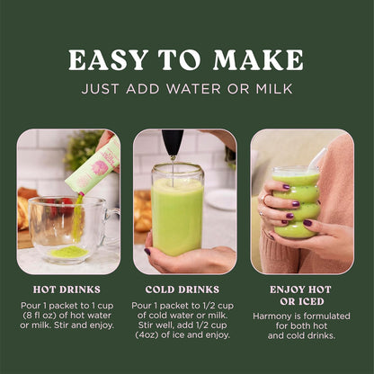The Harmony Matcha Vanilla (10 Sticks) Premium Sweetened Japanese Matcha Powder, Rich in Antioxidants & L-Theanine, Dairy, Gluten, & Preservative Free, Serve Hot or Iced