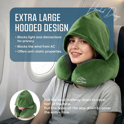 SkytraxComf® Travel Neck Pillow with Hood for Privacy on Long Flights | Memory Foam | Airplane Sleep | Safety-Tested Materials | Extra Large Hood | Chin Support | Earplugs | Washable Cover
