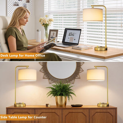 Innqoo Bedside Table Lamps for Bedroom Set of 2-Dimmable Nightstand Lamps with USB Port and Outlet,Modern Gold Lamps with Linen Shade,Tall Desk Lamps for Home Office Bedroom Living Room End Table
