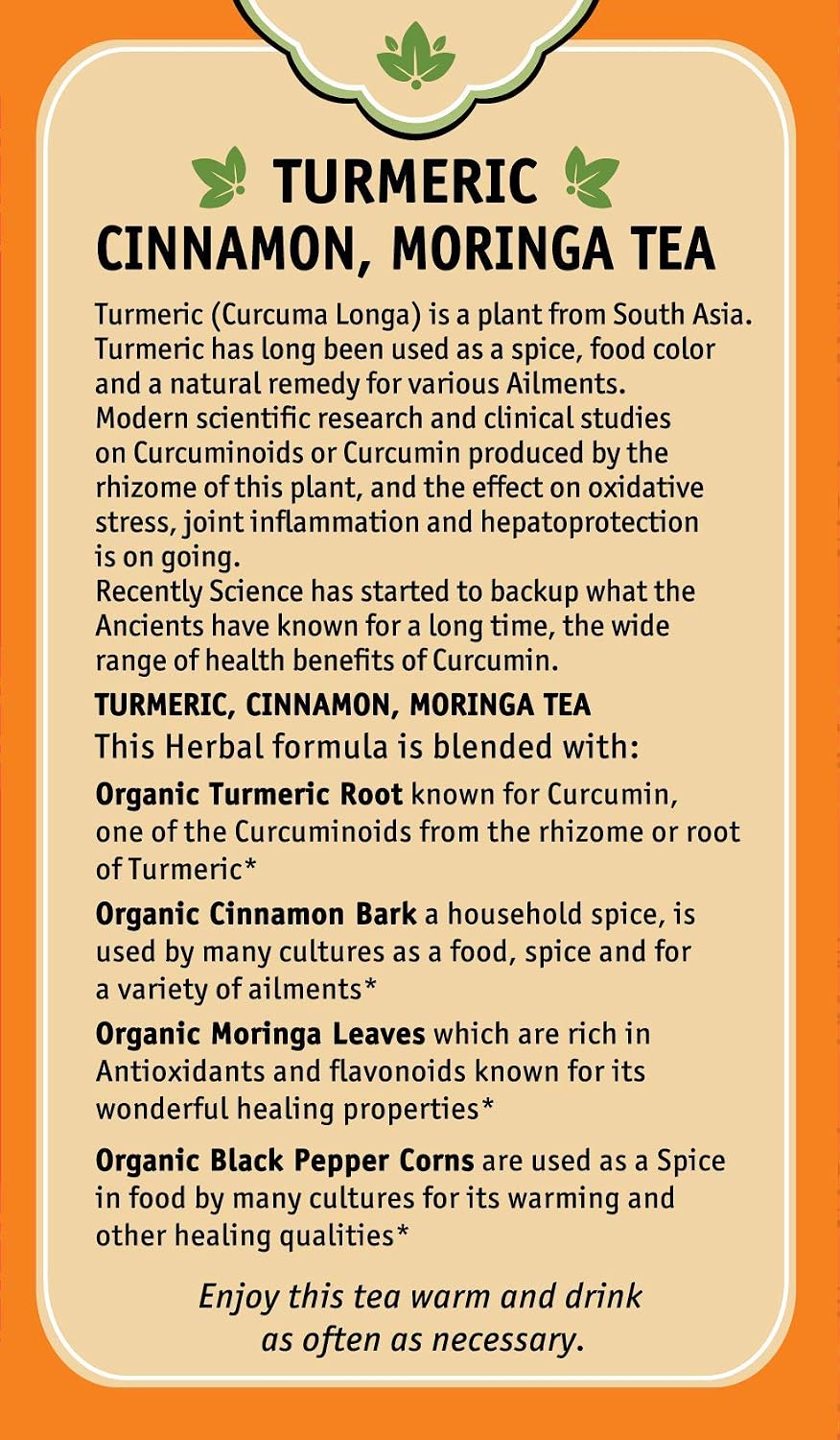 Herbal Cup Ayurveda Turmeric Tea, Organic Cinnamon Moringa, No Caffeine Herbal Supplement (16 Count, Pack of 6)