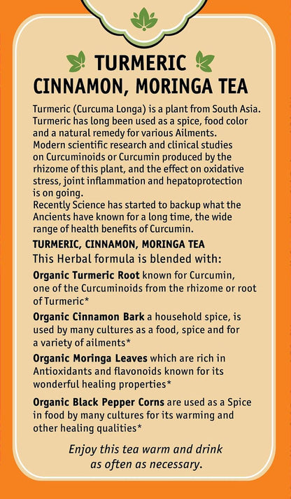 Herbal Cup Ayurveda Turmeric Tea, Organic Cinnamon Moringa, No Caffeine Herbal Supplement (16 Count, Pack of 6)