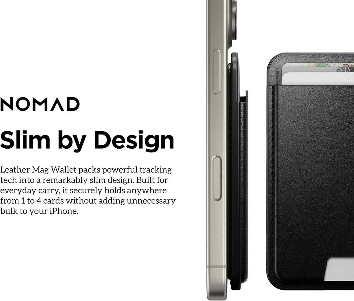 Nomad Leather Black Magsafe Wallet w/Integrated Tracking for iPhone, Slim Magsafe Card Holder for iPhone, Wallet GPS Tracker Card 5 Months Battery Life, Rechargeable, Compatible with iOS Only
