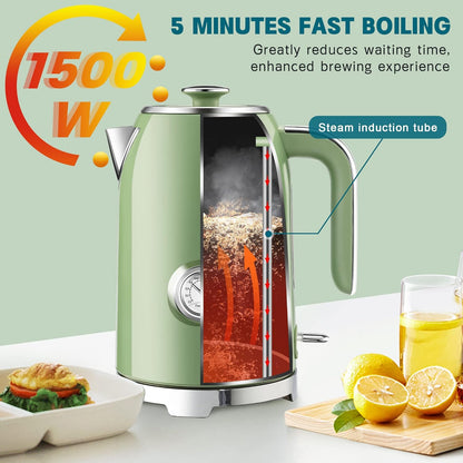 SUSTEAS 57oz Electric Kettle with Thermometer, Hot Water Pot, Retro Green