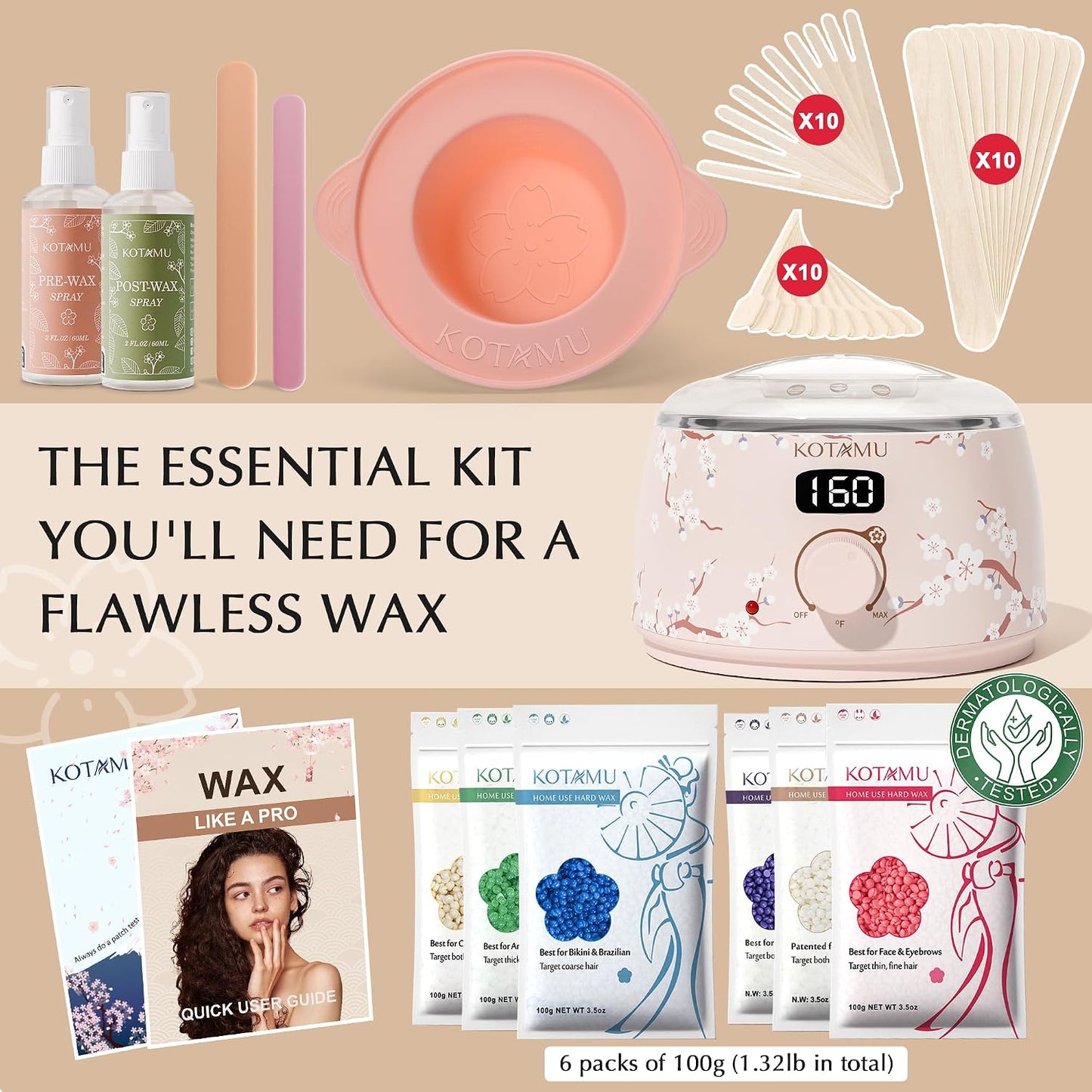 KOTAMU Waxing Kit for Women & Men, Pink Digital Wax Pot Warmer Hair Removal | Home Hard Wax Kit, Wax Machine, Face, Eyebrow, Bikini, Brazilian, Body, Sensitive Skin, 25 Accessories, Beginner-Friendly