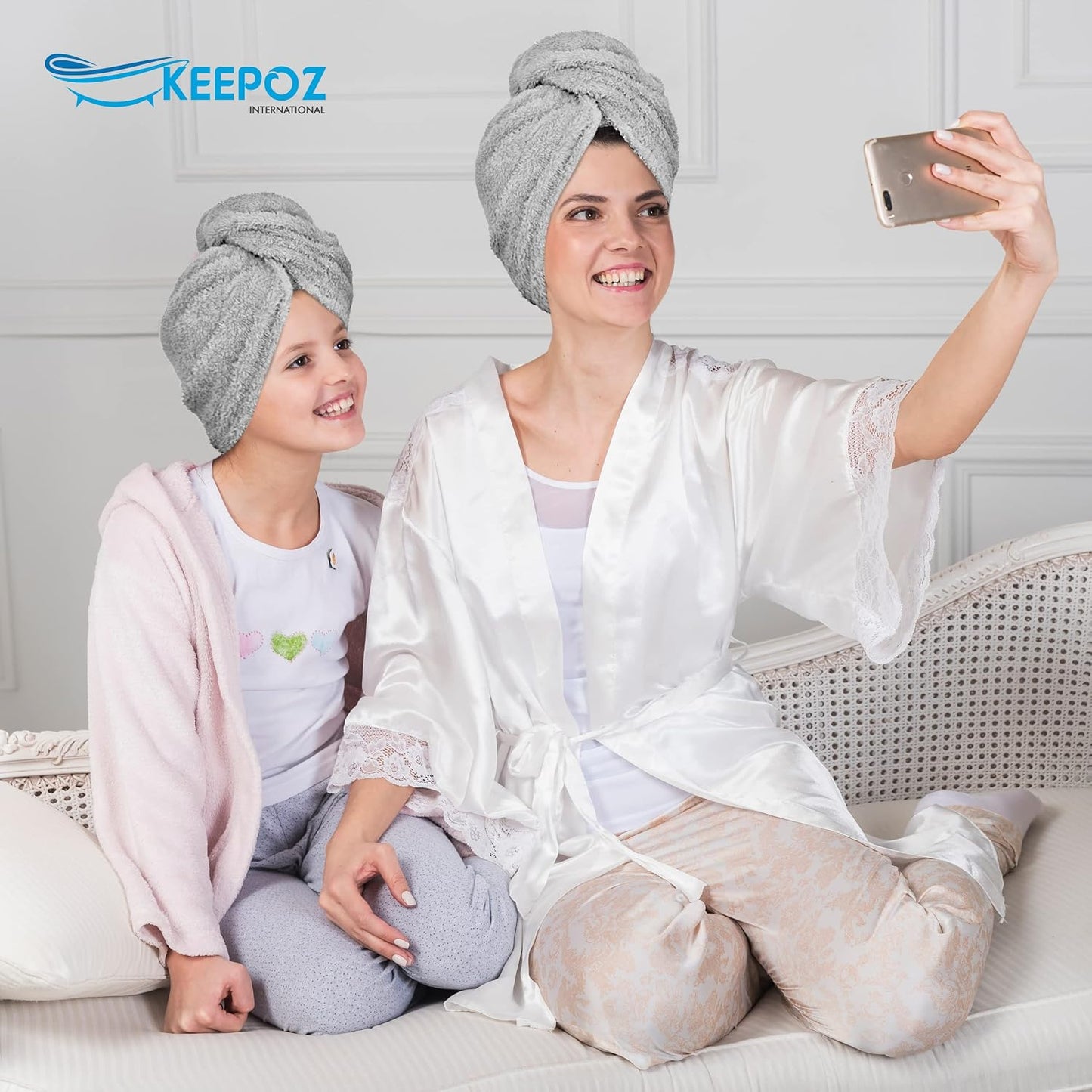 KEEPOZ 100% Cotton Hair Towel Wrap Quick Dry Super Absorbent Turban Head Wrap for Women with Button, Anti Frizz, Hair Cap for Curly, Long & Thick Hair (White, 1 Pc)