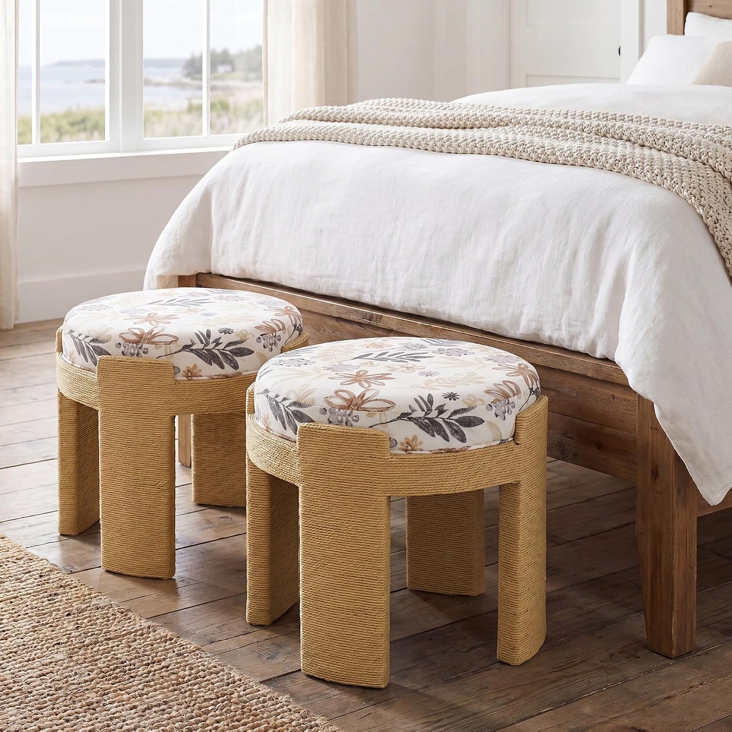 Round Foot Stool Ottoman Set of 2, Boho Hand-Woven Rope Upholstered Accent Footrest Vanity Stool Fully Assembled for Bedroom Living Room, Beige Linen