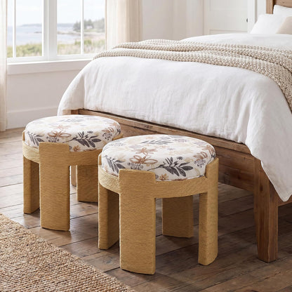 Round Foot Stool Ottoman Set of 2, Boho Hand-Woven Rope Upholstered Accent Footrest Vanity Stool Fully Assembled for Bedroom Living Room, Beige Linen