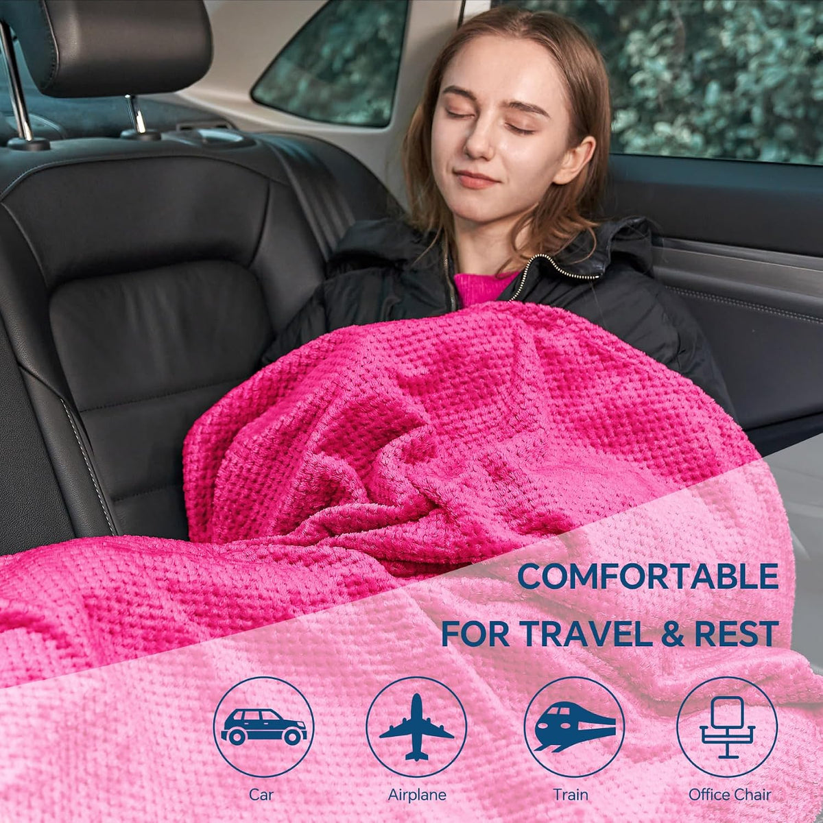 BEDELITE Travel Blanket with Bag, Jacquard Fleece Blanket 65"x40", Blue