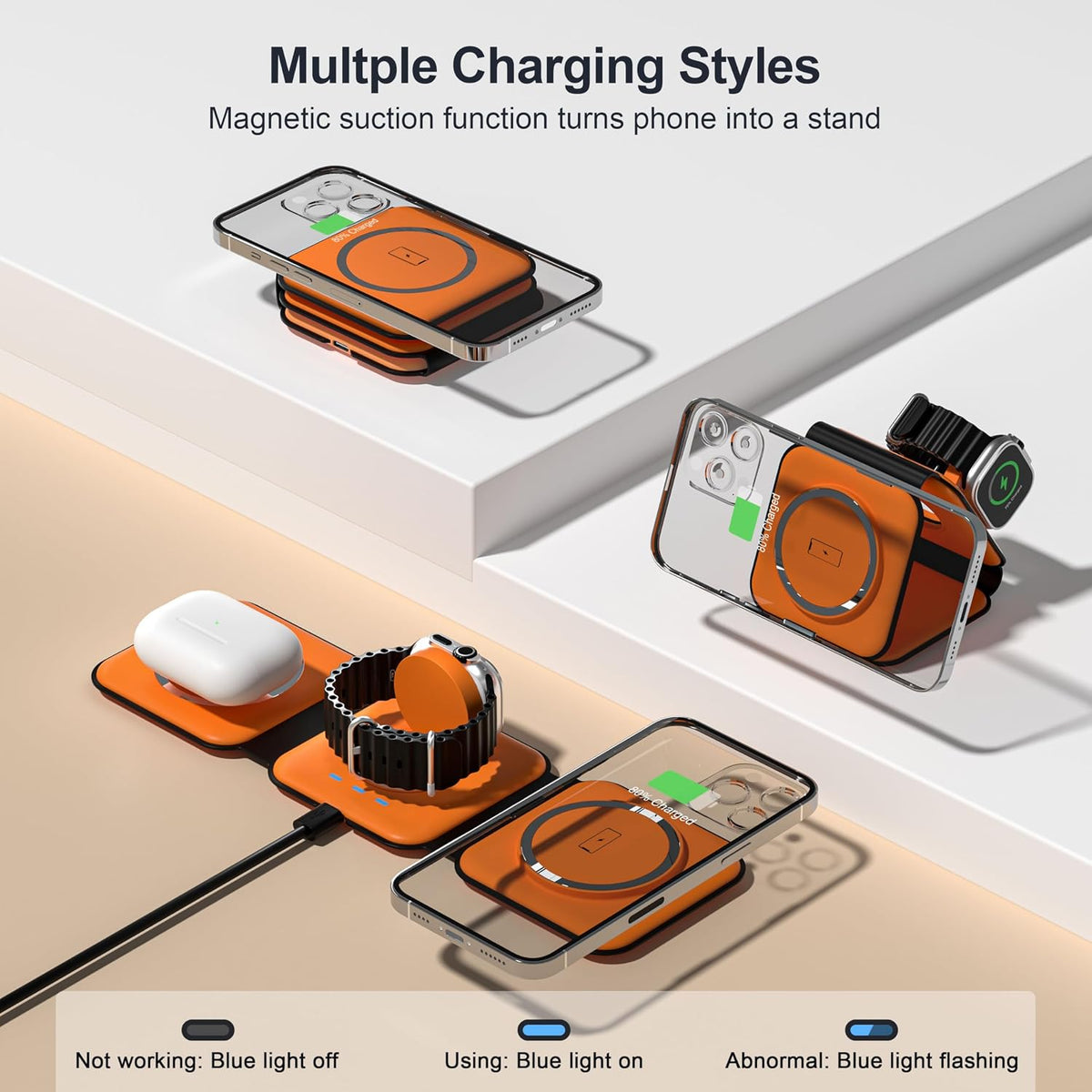 3 in 1 Charging Station for Multple Devices,Foldable 3 in 1 Wireless Charger for Travel,NANO Wireless Charging Station for iPhone17 16 15 14 13 12 Pro Max/Watch 10 9 8 7 6 5 4 3 Ultra/AirPod Pro