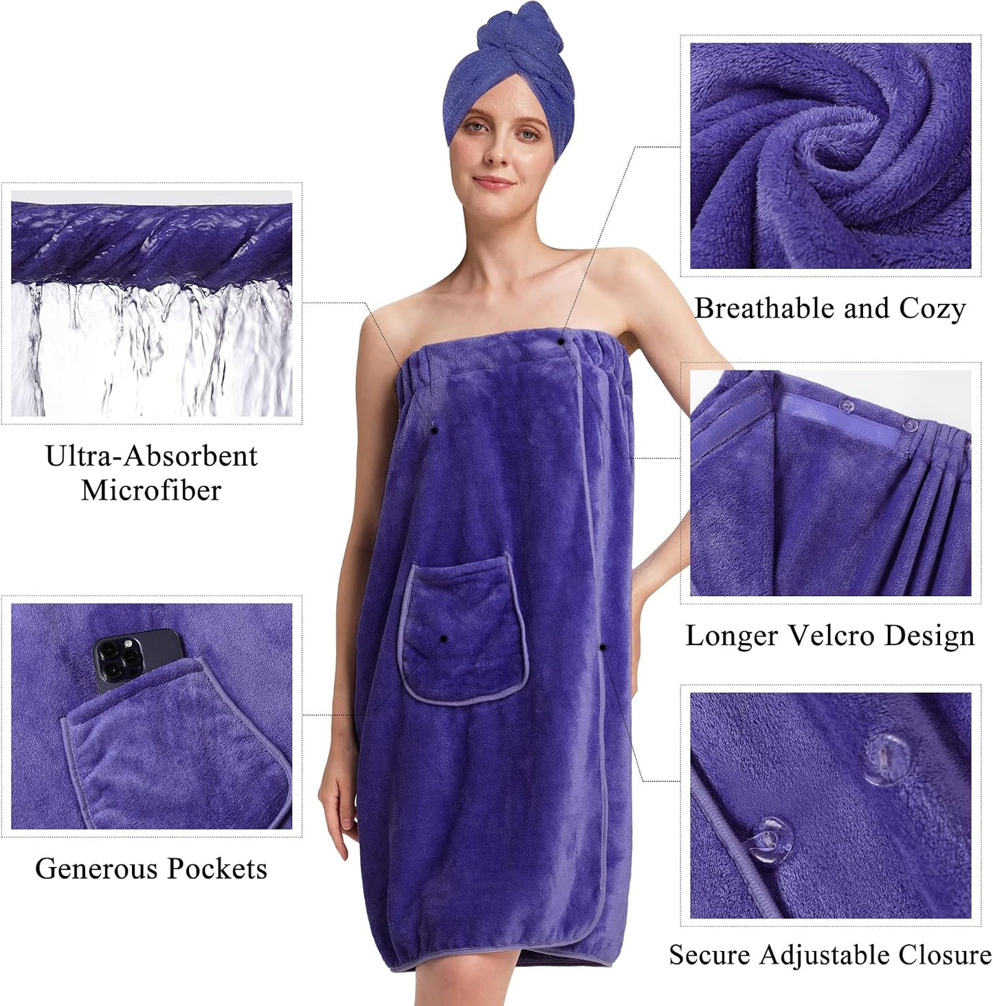 PJGGZ Towel Wrap for Women, Adjustable Button Quick Dry Absorbent Bath Wrap