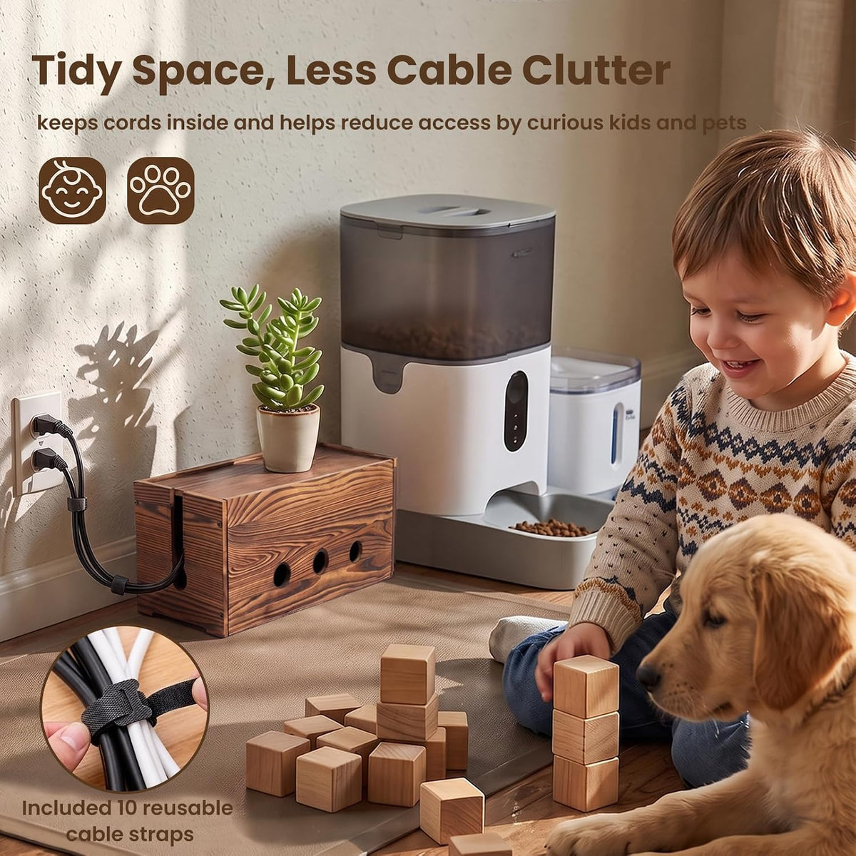 Large Cable Management Box Wooden Cord Organizer Box for Power Strip, Surge Protector, Extension Cords, Chargers & Wires, Cable Hider Box for Desk